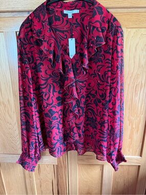 Chico's Red and Black Ruffle-Front Floral Blouse